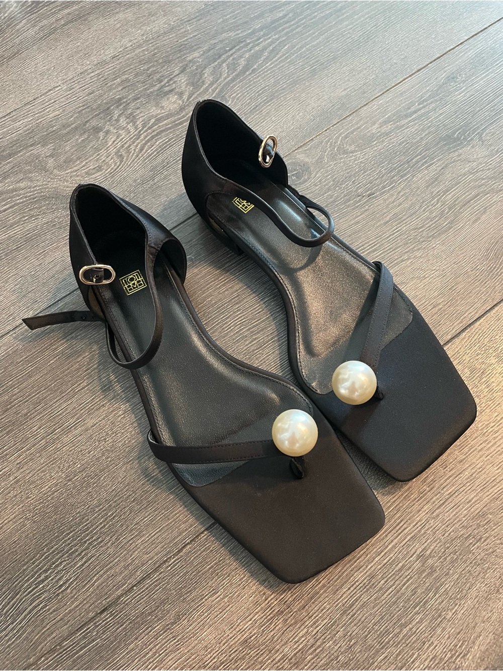 TOTEME Black Pearl-Accent Satin Ankle Strap Flat Sandals